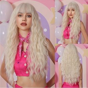 Human hair platinum blonde curly wavy wig with bang